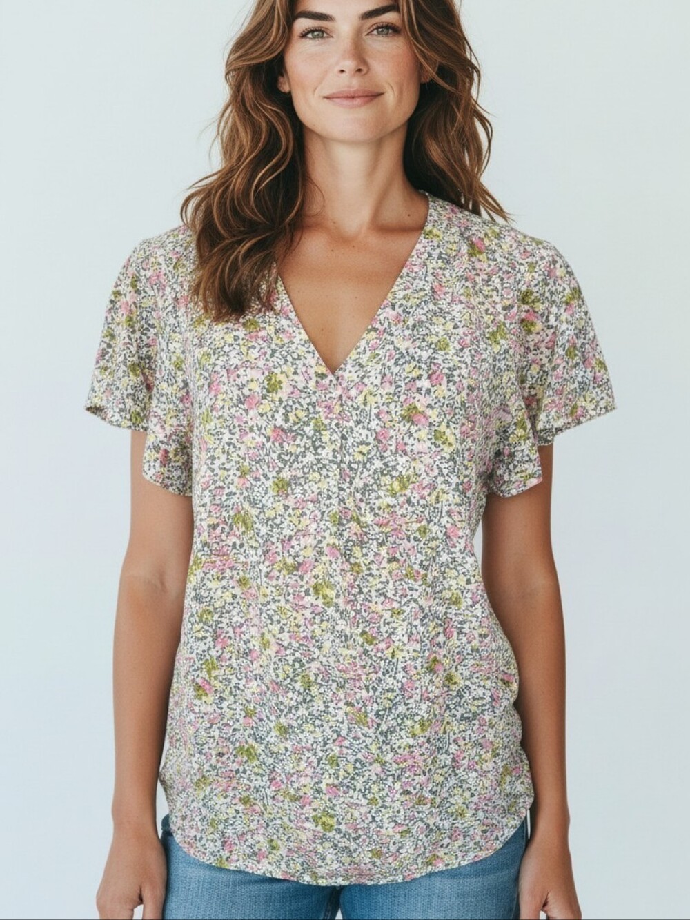 Caslon Nordstrom Floral V-Neck Short Sleeve Blouse XS